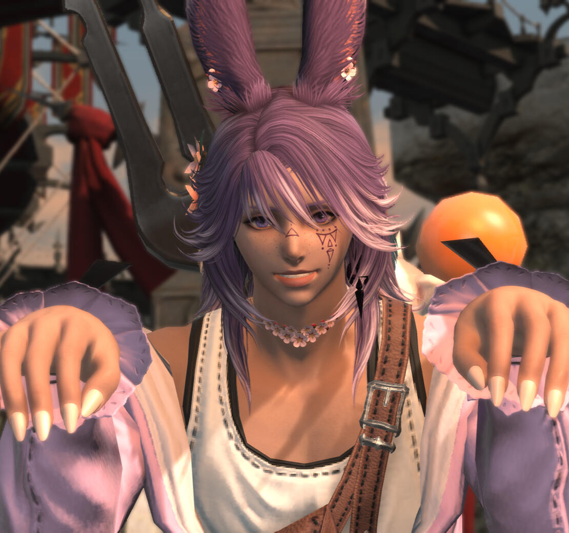 A male viera with purple hair and long ears posing cutely for the camera, showing his done nails. He is wearing a white tank top and pink coat.