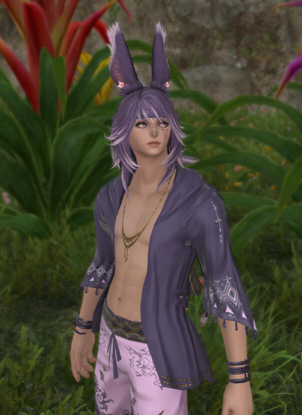 A male viera with purple hair and long ears looking pensively to the right. He is wearing a purple cardigan that is open with no shirt underneath.
