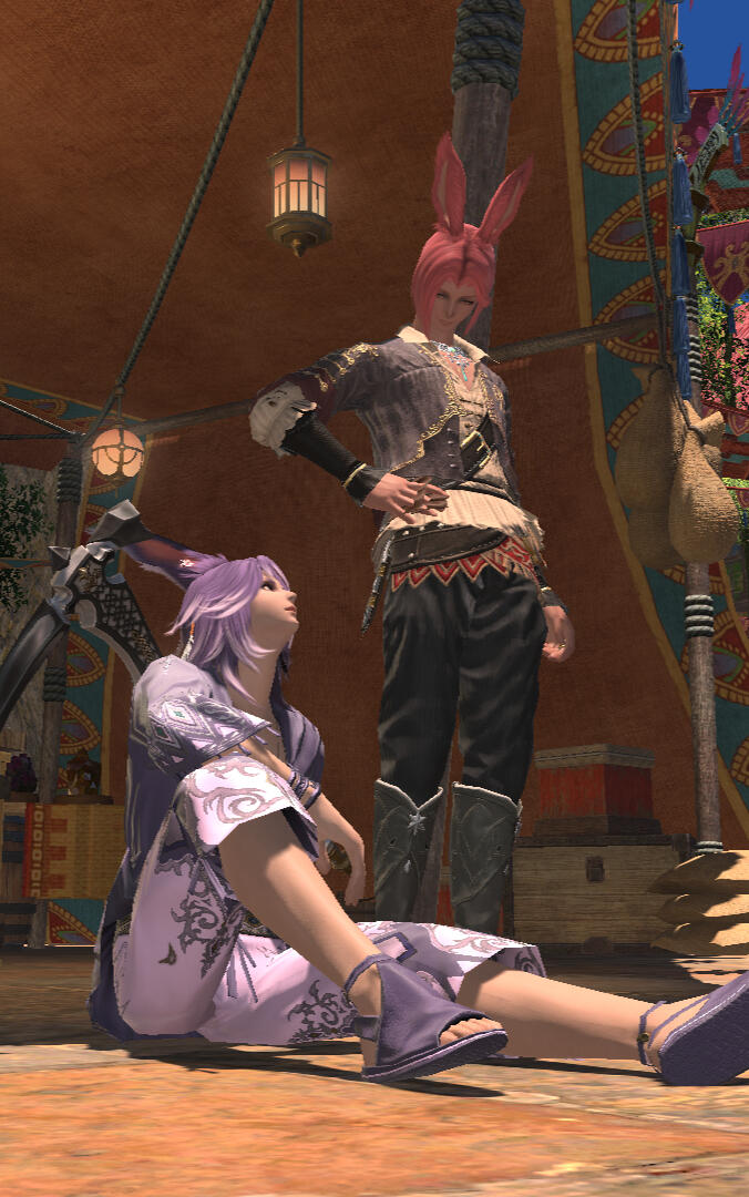 Two male viera, one with purple hair and long ears sitting on the ground, and one with red hair and shorter ears standing up next to him. They are looking in each other's eyes.