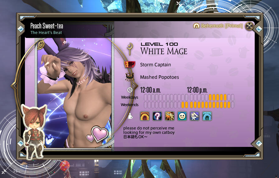 Peach Sweet-tea's Adventure Plate. He is a purple haired, long-eared viera based on the Behemoth server who dislikes wearing shirts. It shows him as a level 100 white mage main, a storm captain with the Maelstrom, a member of the Mashed Popotoes free compa